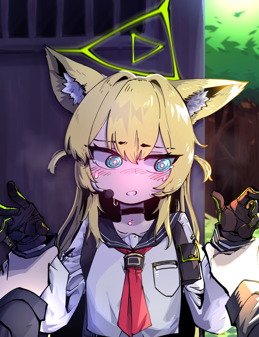 1boy, 1girl, absurdres, alternate_eye_color, animal_ear_fluff, animal_ears, averting_eyes, backlighting, black_choker, black_gloves, black_sailor_collar, blonde_hair, blue_archive, blue_eyes, blush, bright_pupils, chest_harness, choker, collarbone, commentary, day, embarrassed, fox_ears, fox_girl, geonbanmaen, gloves, hair_between_eyes, hair_intakes, halo, hands_up, harness, headset, hetero, highres, holding_another's_wrist, korean_commentary, kurumi_(blue_archive), long_hair, looking_to_the_side, neckerchief, nose_blush, outdoors, parted_lips, pov, pov_hands, red_neckerchief, sailor_collar, school_uniform, sensei_(blue_archive), serafuku, shirt, sidelocks, solo_focus, sweatdrop, tactical_school_uniform, tearing_up, textless_version, triangle_halo, two-sided_gloves, two_side_up, upper_body, white_pupils, white_shirt