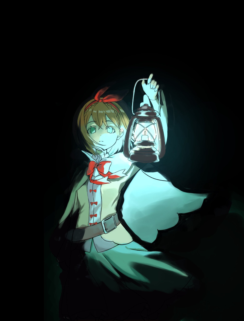 1girl, belt, black_background, bow, bowtie, braid, brown_hair, cape