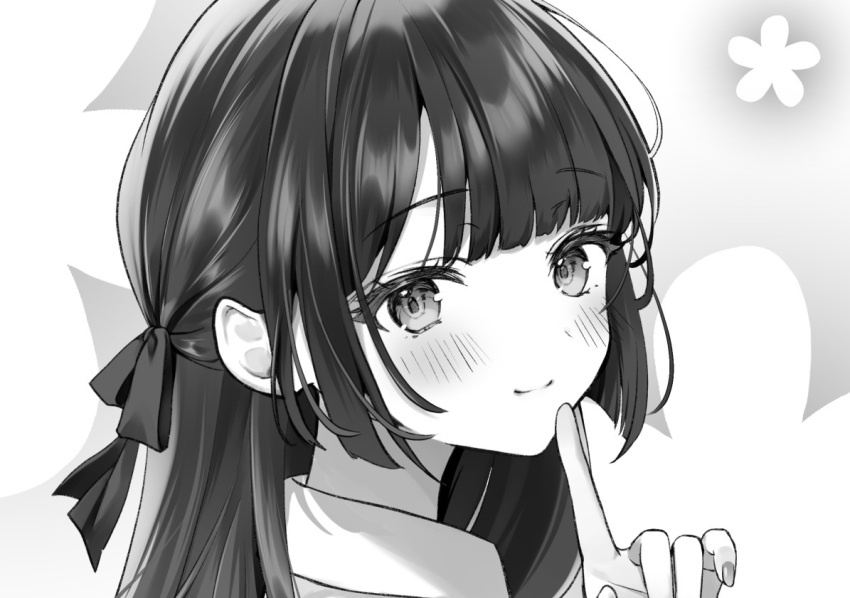 1girl, blush, closed_mouth, collared_shirt, commentary_request, finger_to_mouth, greyscale, kanagi_nagi, looking_at_viewer, looking_back, monochrome, portrait, shirt, shushing, smile, solo, uchi_no_seiso-kei_iinchou_ga_katsute_chuunibyou_idol_datta_koto_wo_ore_dake_ga_shitteiru., yugaa