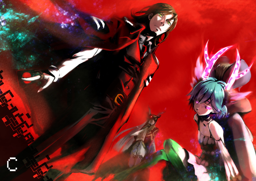 antlers, aurore_(control), bare_shoulders, blue_hair, brown_eyes, brown_hair, c_(control), c_the_money_of_soul_and_possibility_control, choker, dress, formal, hair_ornament, head_wings, horns, kakazuzu, long_hair, mashu_(control), mikuni_souichirou, necktie, pointy_ears, q_(control), red_eyes, short_hair, uni_(ateru), yellow_eyes