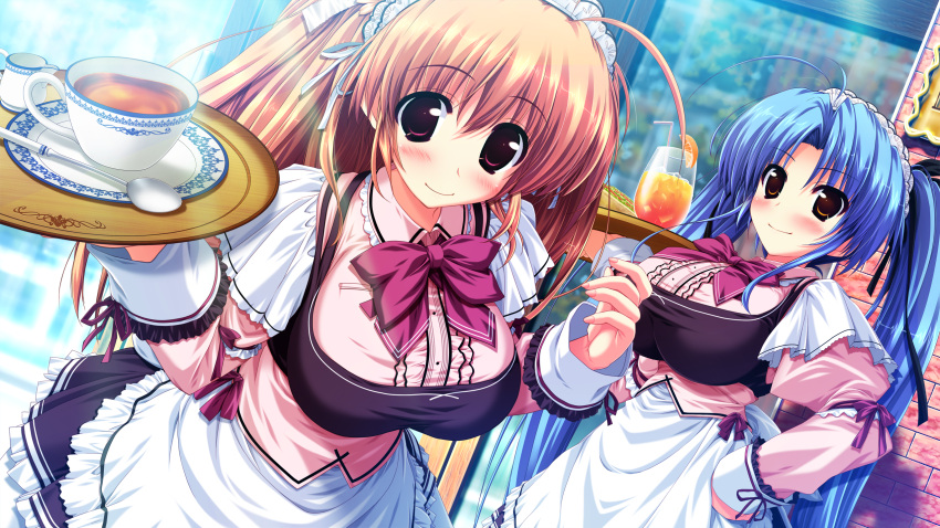 2girls, blue_hair, blush, brown_eyes, brown_hair, food, game_cg, himekawa_fuuka