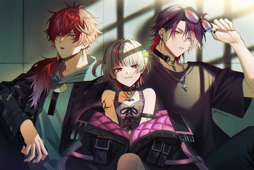 1girl, 2boys, :3, adjusting_eyewear, arm_tattoo, black_choker, black_jacket, black_shirt