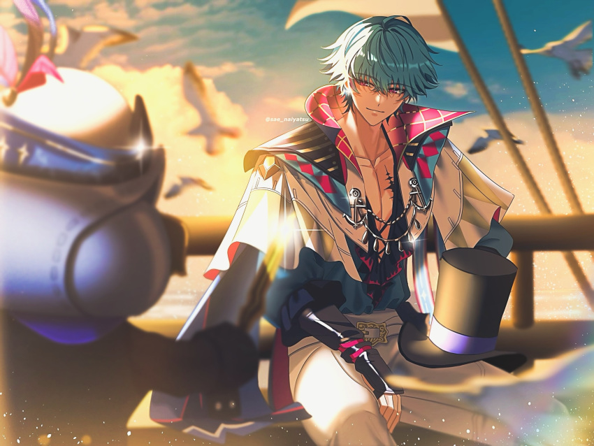 1boy, blue_hair, blue_shirt, brant_(wuthering_waves), closed_mouth, collarbone, commentary, english_commentary, evening, hair_between_eyes, hat, highres, hocus_pocus_(wuthering_waves), male_focus, open_clothes, open_shirt, outdoors, pants, pink_eyes, sae_naiyatsu, shirt, short_hair, sitting, smile, solo, tacet_discord_(wuthering_waves), tacet_mark_(wuthering_waves), top_hat, white_pants, wuthering_waves