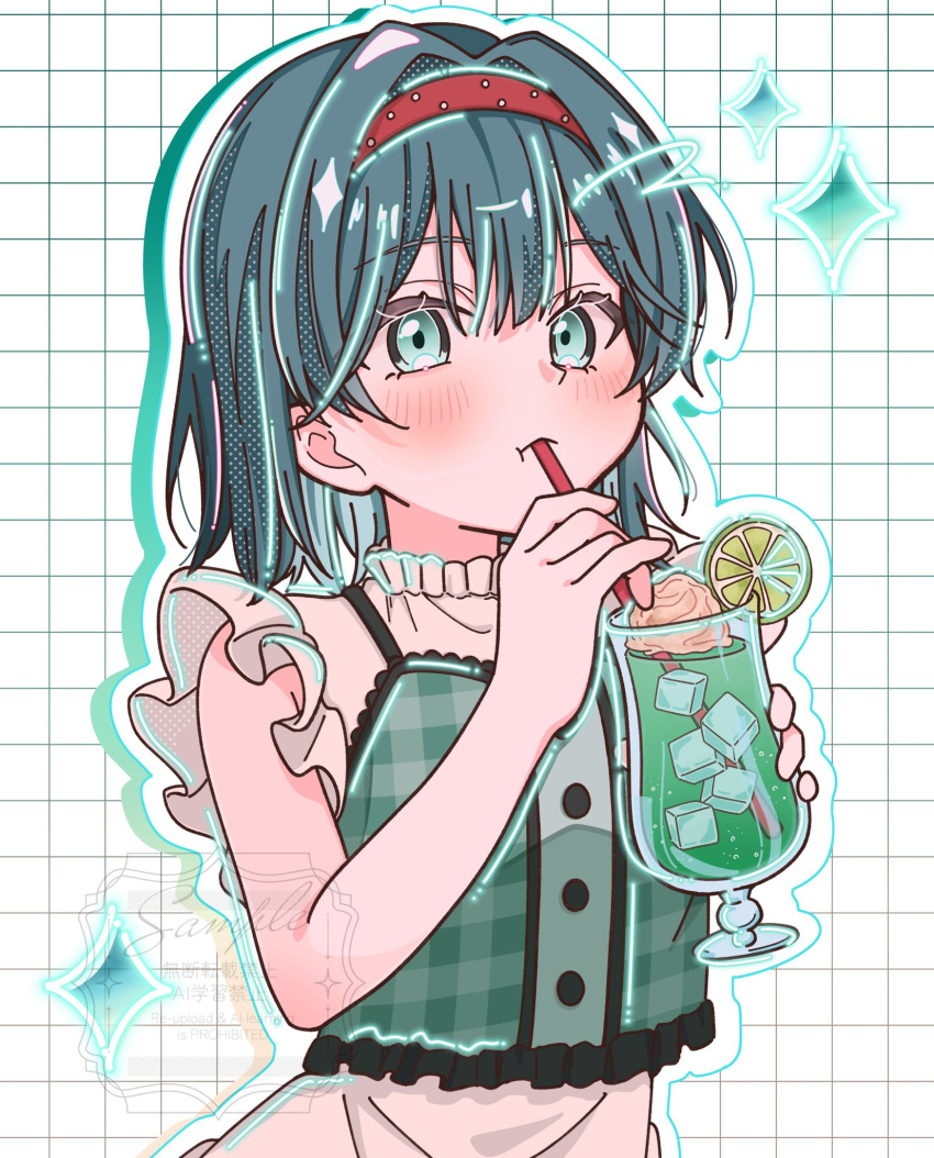 1girl, blush, buttons, center-flap_bangs, colored_shadow, commentary, cup, double-parted_bangs