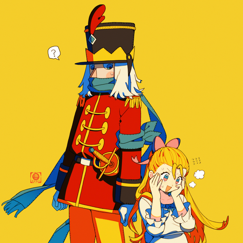 1boy, 1girl, :d, ?, absurdres, arm_scarf, blonde_hair, clara_(the_nutcracker)