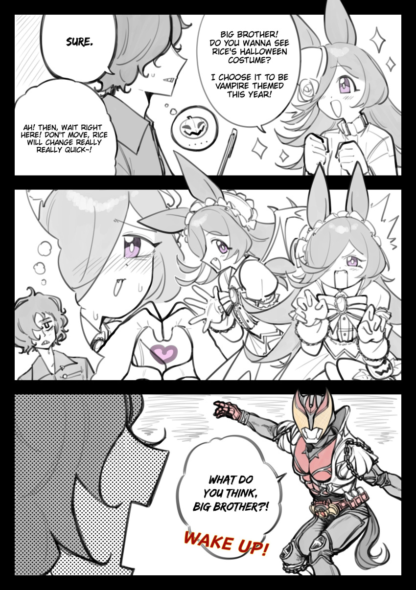 1boy, 1girl, absurdres, animal_ears, armor, commentary, cosplay, crossover, english_commentary, english_text, flipped_hair, flower, gloves, hair_over_one_eye, hat, hat_flower, helmet, highres, horse_ears, horse_girl, horse_tail, kamen_rider, kamen_rider_kiva, kamen_rider_kiva_(cosplay), kamen_rider_kiva_(series), kivat_belt, long_hair, official_alternate_costume, open_mouth, owlweeb, puffy_short_sleeves, puffy_sleeves, rice_shower_(umamusume), rice_shower_(vampire_makeover!)_(umamusume), rider_belt, rose, short_sleeves, speech_bubble, tail, umamusume, violet_eyes, wings