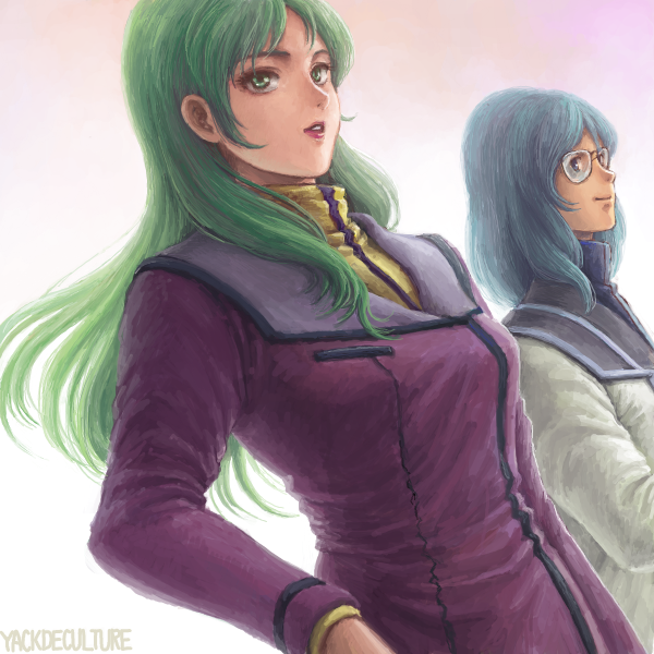 blue_hair, choujikuu_yousai_macross, couple, glasses, green_eyes, green_hair, lips, lipstick, long_hair, macross, makeup, maximilian_jenius, meltrandi, military, military_uniform, millia_jenius, oekaki, oldschool, realistic, satou_toshio_(suisuisuisui), suisuisuisui, u.n._spacy, uniform, zentradi