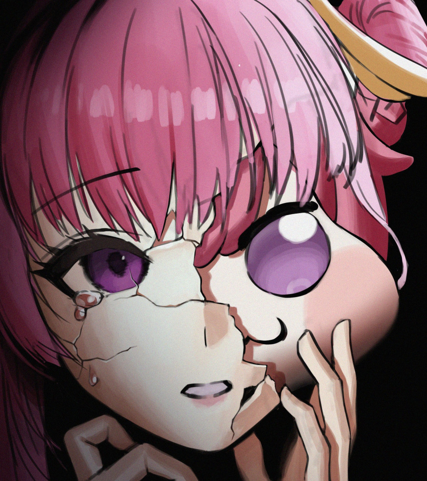 1girl, :3, broken_mask, close-up, closed_mouth, commentary_request, crack, cracked_kawaii_mask