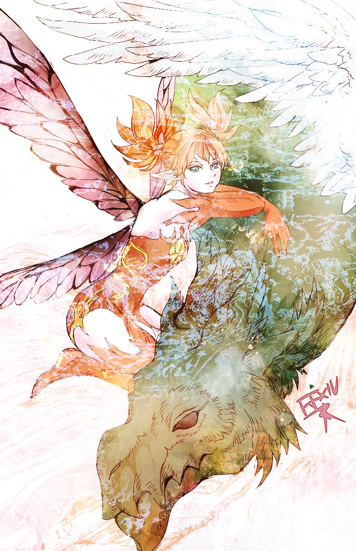 1girl, amaro_(ff14), blue_eyes, commentary_request, copyright_name, elbow_gloves, fairy, fairy_wings