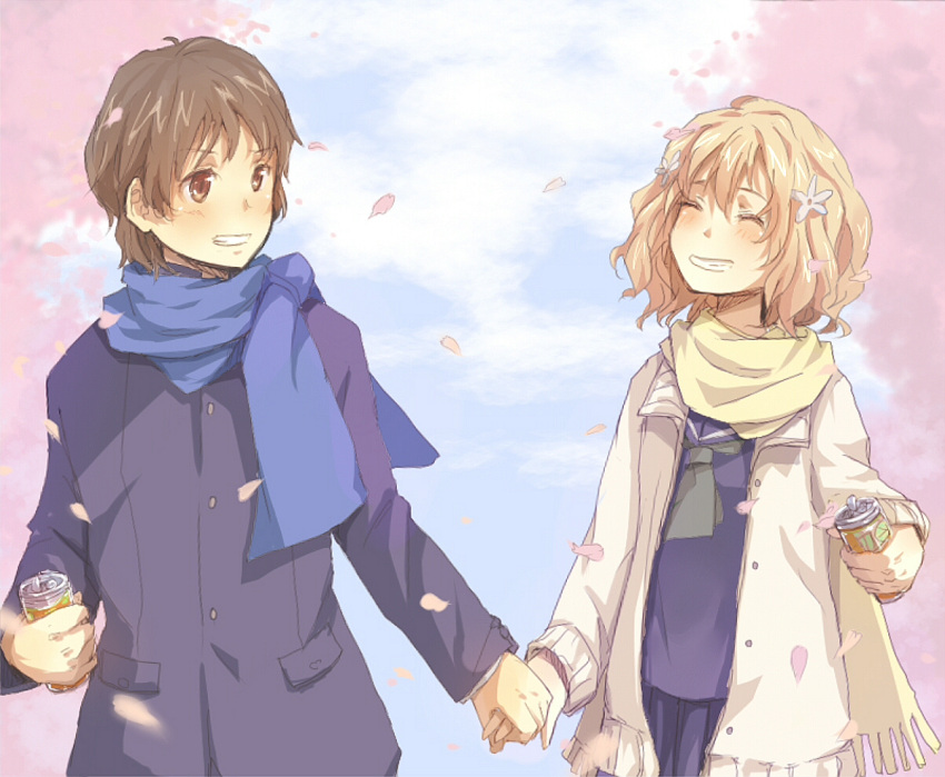 1girl, can, couple, hanasaku_iroha, hand_holding, holding_hands, matsumae_ohana, scarf, school_uniform, tanemura_kouichi, zuoweisaib
