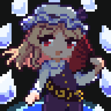 1girl, black_background, blonde_hair, commentary_request, dress, earth_(planet), folding_fan, fossilized_wonders, hand_fan, hat, holding, holding_fan, looking_at_viewer, lowres, mob_cap, pixel_art, planet, poropo1133, purple_dress, red_eyes, shirt, solo, space, touhou, upper_body, watatsuki_no_toyohime, white_hat, white_shirt
