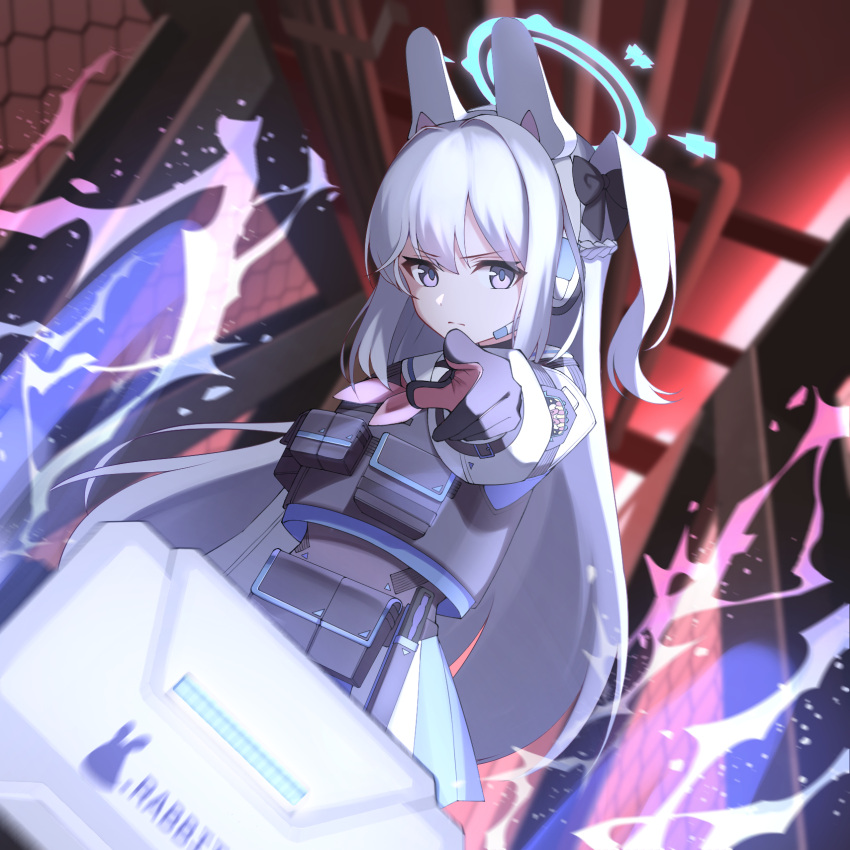 1girl, animal_ear_headphones, animal_ears, bilingual_commentary, black_bow, black_gloves, blue_archive, blue_halo
