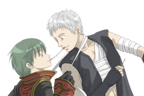 2boys, assassin_(ragnarok_online), bandaged_arm, bandages, black_coat, black_gloves, black_shirt, chest_sarashi