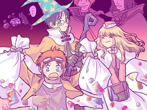1girl, 4boys, acolyte_(ragnarok_online), beretta_de_camera, blonde_hair, blue_eyes, book, brown_cape, brown_hair, brown_jacket, brown_shirt, candy, cape, capelet, cat, chocolate, chocolate_bar, closed_eyes, closed_mouth, commentary_request, dated_commentary, food, glasses, green_hat, grey_shirt, hat, holding, holding_book, holding_staff, jacket, long_hair, long_sleeves, lowres, mage_(ragnarok_online), multiple_boys, oomojiya, open_mouth, ragnarok_online, shirt, short_hair, skirt, smile, staff, star_(symbol), star_print, thief_(ragnarok_online), upper_body, white_capelet, white_skirt, witch_hat, wizard_(ragnarok_online)