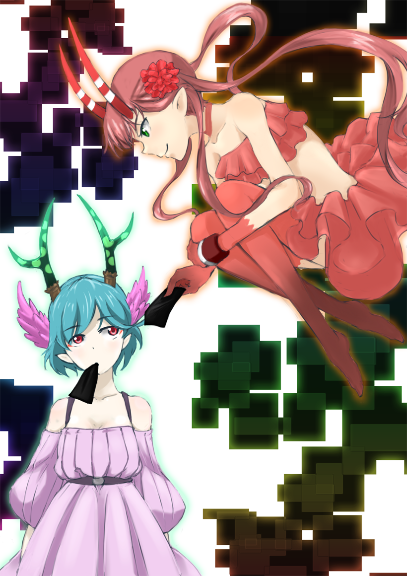 blue_hair, brown_hair, c_(control), c_the_money_of_soul_and_possibility_control, dress, eating, flower, green_eyes
