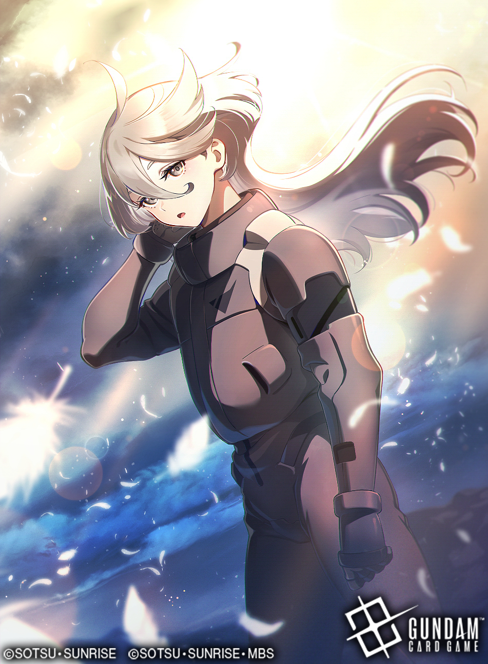 1girl, ahoge, blush, card_(medium), commentary_request, gundam, gundam_card_game, gundam_suisei_no_majo, highres, long_hair, malo_(mlpmpmp), mecha_pilot_suit, miorine_rembran, normal_suit_(gundam), official_art, open_mouth, solo, white_hair
