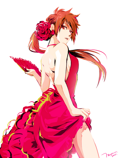 1girl, brown_hair, dress, dress_lift, fan, flower, folding_fan, genderswap