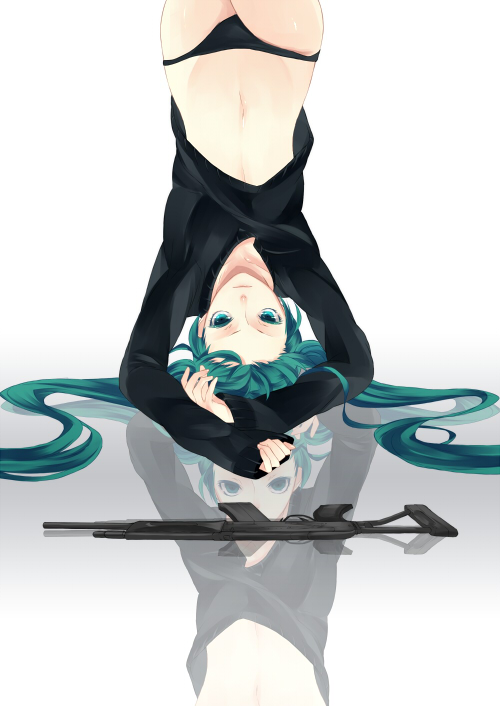 aqua_eyes, aqua_hair, bad_id, bad_reflection, gun, hatsune_miku, long_hair, lowres