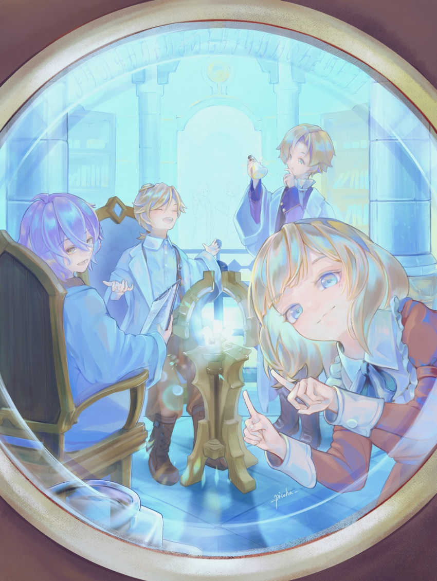1girl, 3boys, absurdres, alain_guillotin, blonde_hair, chair, coat, collared_dress