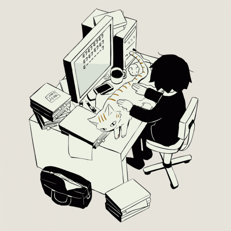 1boy, androgynous, animated, animated_gif, at_computer, avogado6, bag, cat, cat_on_keyboard, chair, commentary, computer, computer_mouse, cup, desk, eraser, from_above, mechanical_pencil, monitor, monochrome, mouse_(animal), notebook, original, pencil, sitting, typing