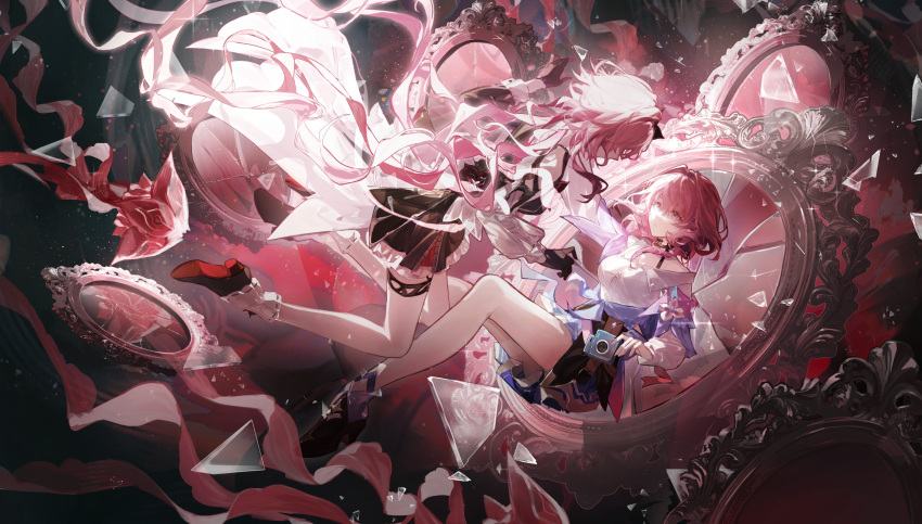 2girls, absurdres, camera, choker, crack, cracked_glass, dress, evernight_(honkai:_star_rail)