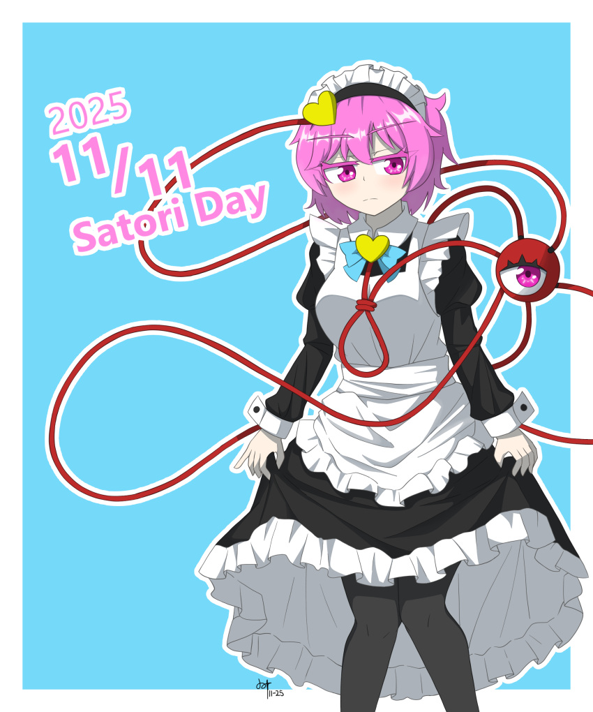 absurdres, apron, black_dress, black_hairband, black_pantyhose, blue_background, blue_bow, blue_bowtie