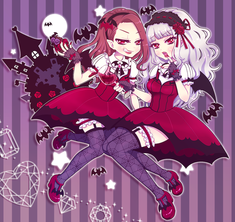 bat, bat_wings, blush, brown_hair, crystal, cup, dress, fang