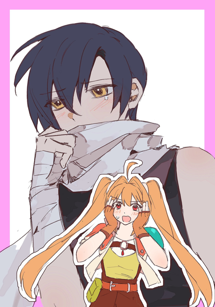 1boy, 1girl, ahoge, antenna_hair, armor, asprosgy, bandaged_arm, bandages