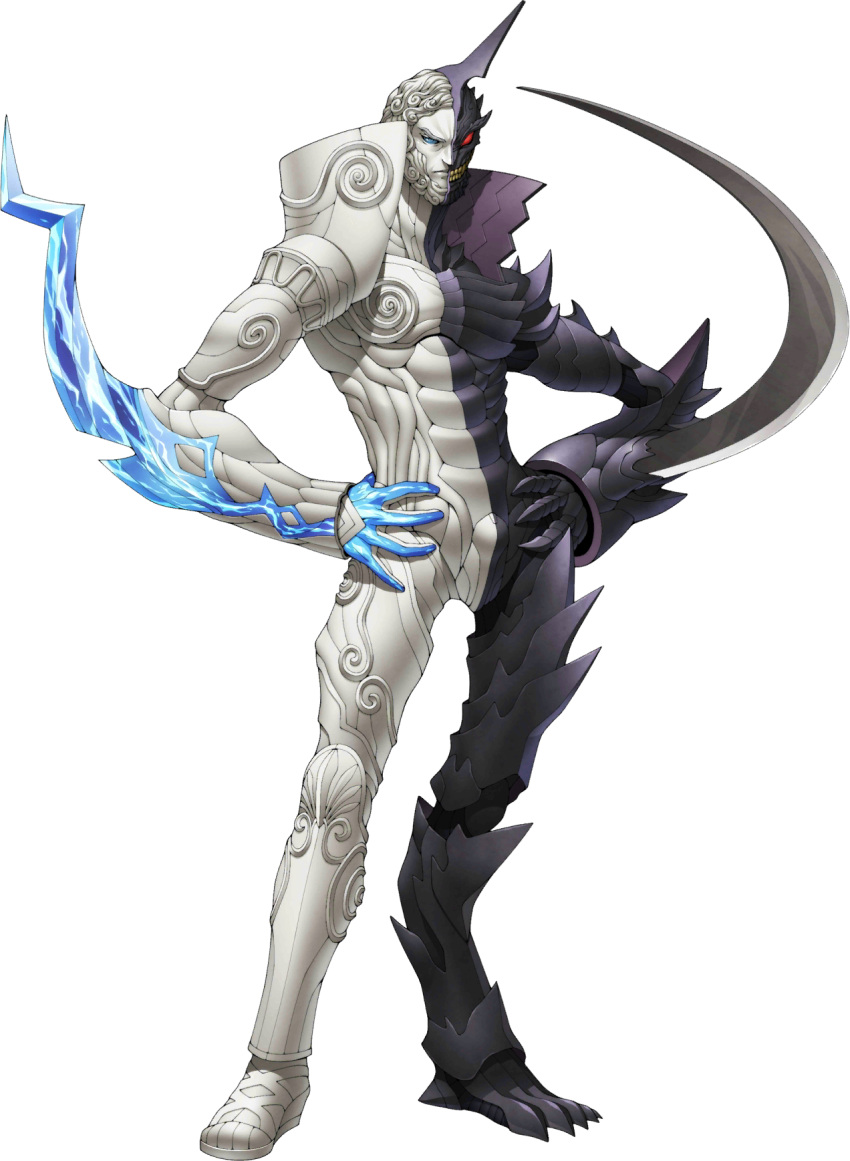 1boy, arm_blade, beard, blue_eyes, claws, curly_hair, demon_(megami_tensei), doi_masayuki, electricity, facial_hair, frown, grin, hands_on_own_hips, heterochromia, highres, horns, official_art, red_eyes, sharp_teeth, shin_megami_tensei, shin_megami_tensei:_deep_strange_journey, shin_megami_tensei:_strange_journey, single_horn, smile, solid_eyes, solo, split_theme, standing, teeth, third-party_source, transparent_background, weapon, zeus_(megami_tensei)