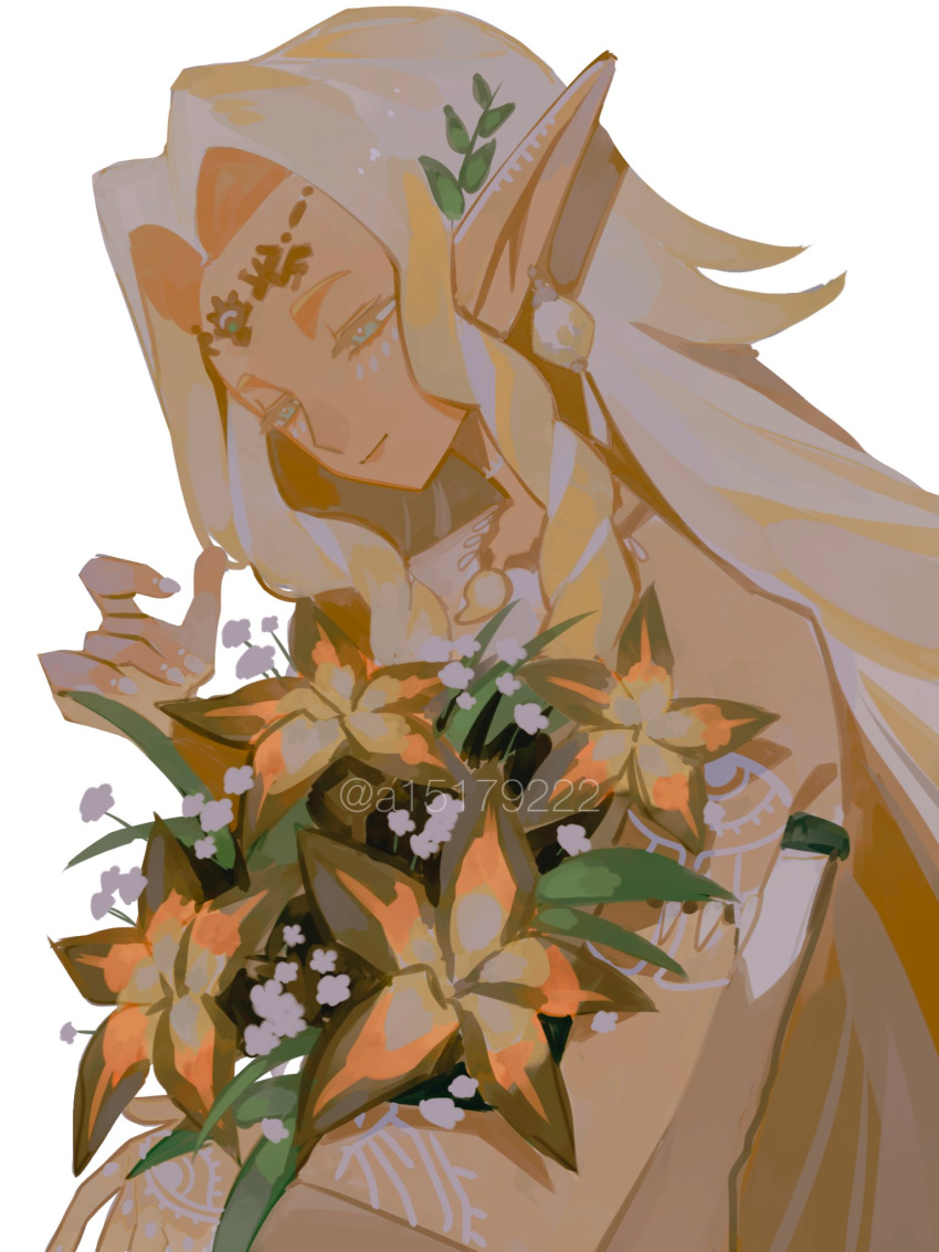 1girl, a15179222, arm_markings, bags_under_eyes, blonde_hair, bouquet, closed_mouth, commentary_request