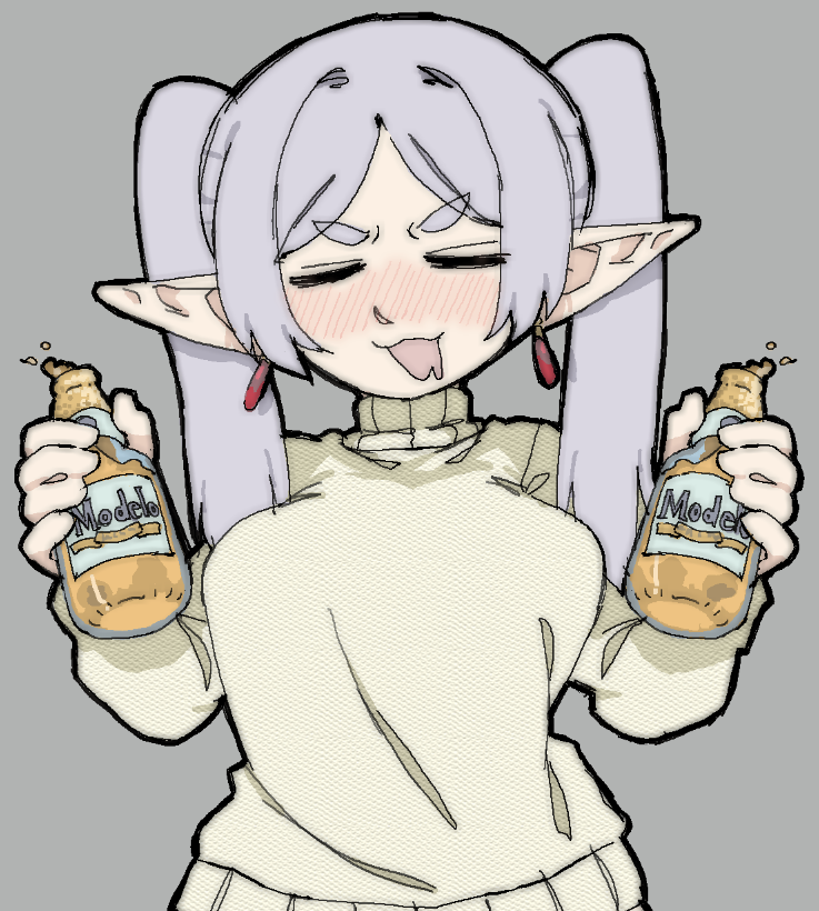1girl, alcohol, alternate_breast_size_(larger), beer, beer_bottle, blush, bottle, breasts, closed_eyes, contemporary, drooling, drunk, frieren, grey_hair, holding, holding_bottle, large_breasts, modelo_(beer), pantsu-ripper, pointy_ears, solo, sousou_no_frieren, sweater, thick_thighs, thighs, turtleneck, turtleneck_sweater, twintails, upper_body, v-shaped_eyebrows, yellow_sweater