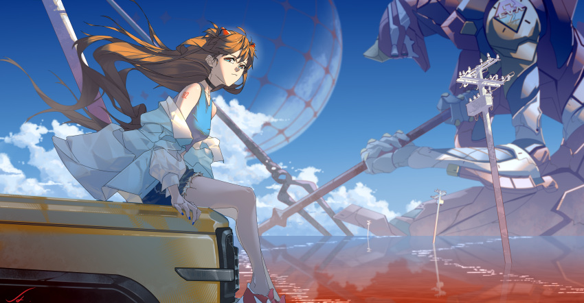 1girl, absurdres, blue_nails, blue_tank_top, breasts, brown_hair, choker, clouds, cloudy_sky, crop_top, denim, denim_shorts, eva_02, evangelion_(mecha), floating_hair, highres, interface_headset_(evangelion), jacket, jacket_partially_removed, lance_of_longinus_(evangelion), long_hair, midriff, moon, motor_vehicle, neon_genesis_evangelion, number_tattoo, on_truck, red_shoes, red_water, scenery, shoes, shorts, sitting, sky, souryuu_asuka_langley, tank_top, tattoo, tftady, truck, utility_pole, white_jacket