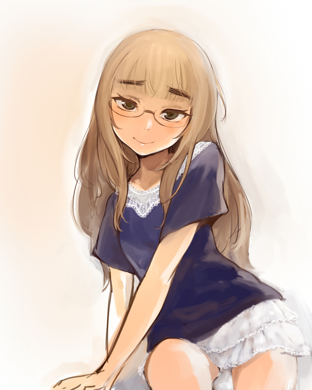 blonde_hair, brown_eyes, casual, eyebrows, face, glasses, head_tilt, highres