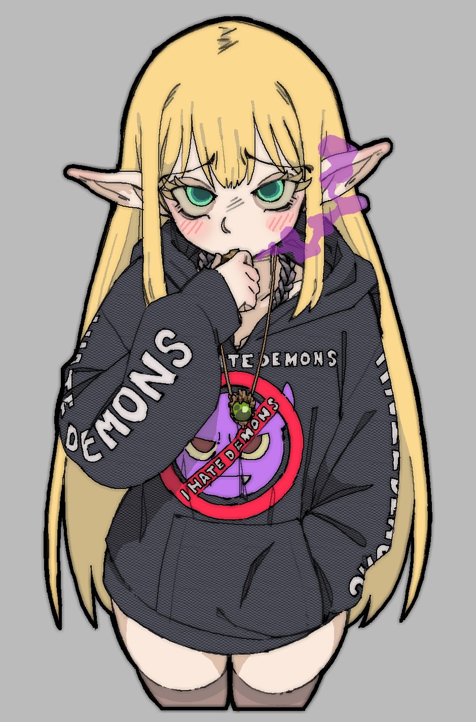 1girl, black_hoodie, black_sweater, blonde_hair, blush, brown_thighhighs, contemporary, cowboy_shot