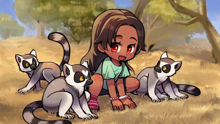 1girl, aged_down, animal, black_shorts, blue_shirt, bracelet, brown_hair, child, commentary_request, grass, jewelry, kotorai, lemur, long_hair, looking_at_animal, miary_zo, mole, mole_under_eye, official_art, open_mouth, outdoors, red_eyes, ring-tailed_lemur, sandals, shirt, short_sleeves, shorts, squatting, tan, tekken, tekken_8, tree