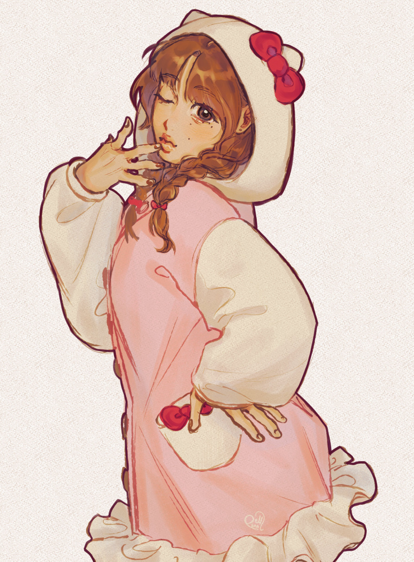 1girl, absurdres, aegyo_sal, animal_hood, bow, braid, brown_nails, cat_hood, commentary, contrapposto, cowboy_shot, earrings, english_commentary, from_side, genderswap, haechan, hair_bow, hand_on_own_hip, highres, hood, hooded_coat, jewelry, lips, looking_at_viewer, low_twin_braids, mole, mole_under_eye, multiple_moles, nct_(band), one_eye_closed, panneul, signature, sleeves_past_wrists, solo, stud_earrings, twin_braids