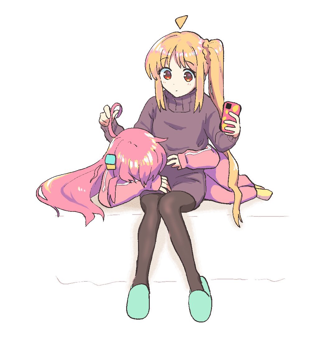 2girls, ahoge, alternate_costume, black_pantyhose, blonde_hair, bocchi_the_rock!, cellphone, choppy_bangs, closed_mouth, commentary_request, cube_hair_ornament, cuddling, dot_nose, dress, gotoh_hitori, green_slippers, hair_ornament, holding, holding_another's_hair, holding_phone, ijichi_nijika, jacket, long_hair, long_sleeves, looking_at_another, lying, multiple_girls, no_shoes, pants, pantyhose, phone, pink_hair, pink_jacket, purple_pants, purple_sweater, red_eyes, side_ponytail, sitting, slippers, smartphone, sweater, sweater_dress, totobe, track_jacket, very_long_hair, yuri