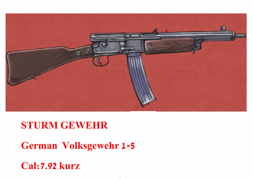 absurdres, boku_wa_shougakusei, commentary_request, german_text, gun, highres, limited_palette, no_humans, original, partial_commentary, red_background, rifle, volkssturmgewehr, weapon, weapon_focus, weapon_name, white_background