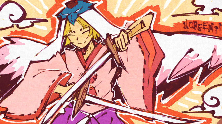 1boy, ^_^, artist_name, blonde_hair, closed_eyes, dual_wielding, holding, holding_sword