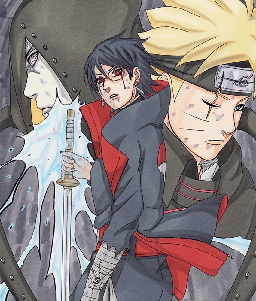1girl, 2boys, black_cloak, black_hair, black_headband, black_hood, black_jacket, black_romper, blonde_hair, blood, blood_from_eyes, blue_eyes, boruto:_two_blue_vortex, brentonsart, bruise, bruise_on_face, cloak, commentary, earrings, english_commentary, facial_mark, forehead_protector, frown, headband, hidari_(naruto), holding, holding_sword, holding_weapon, injury, jacket, jewelry, mangekyou_sharingan, multiple_boys, naruto_(series), one_eye_closed, pale_skin, parted_lips, red_eyes, rinnegan, romper, scar, scar_across_eye, scar_on_face, sharingan, short_hair, sword, torn_clothes, torn_sleeves, uchiha_sarada, uchiha_symbol, uzumaki_boruto, weapon, whisker_markings