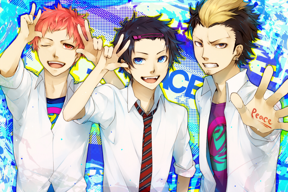 ao_no_exorcist, aoshiki, black_hair, blonde_hair, blue_eyes, earrings, fangs, hair_ornament, hairclip, highres, jewelry, male, multicolored_hair, multiple_boys, necktie, o, okumura_rin, orange_eyes, orange_hair, ornage_eyes, outstretched_hand, shima_renzou, short_hair, smile, striped, striped_necktie, suguro_ryuuji, two-tone_hair, v, wink