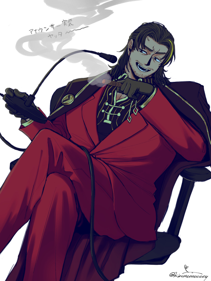 1boy, beard_stubble, black_gloves, black_shirt, brown_coat, brown_eyes, brown_hair, cigar, coat, coat_on_shoulders, collared_shirt, crossed_legs, facial_hair, gloves, gold_trim, highres, holding, holding_cigar, holding_microphone, jacket, kinomeeeeeeey, lapels, lei_heng_(project_moon), limbus_company, medium_hair, microphone, notched_lapels, open_mouth, pants, project_moon, red_jacket, red_pants, shirt, simple_background, smile, smoke, solo, striped_clothes, striped_shirt, stubble, white_background