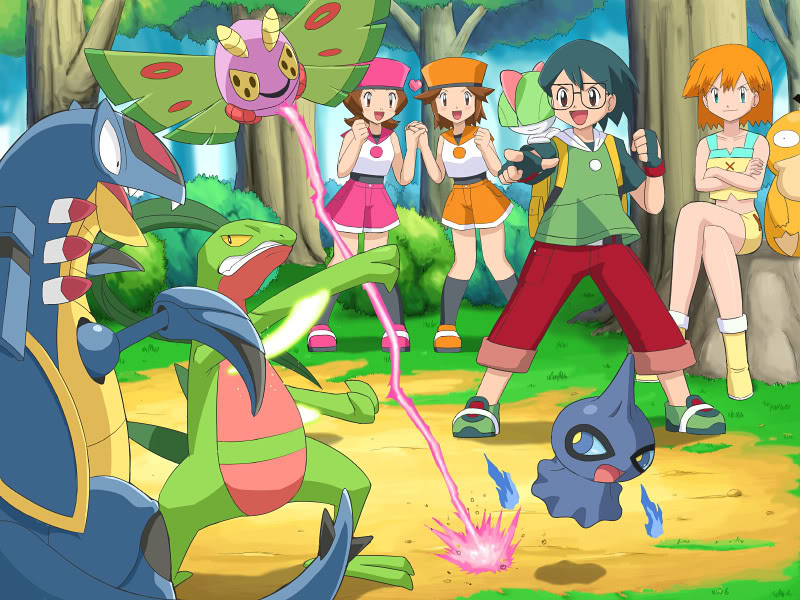 1boy, 3girls, aged_up, alternate_universe, armaldo, audrey_(pokemon), battle, brown_eyes, brown_hair, dustox, gen_1_pokemon, gen_3_pokemon, green_hair, grovyle, kathryn_(pokemon), max_(pokemon), misty_(pokemon), multiple_girls, nintendo, orange_hair, pokemoa, pokemon, pokemon:_destiny_deoxys, pokemon_(anime), pokemon_(creature), pokemon_rse_(anime), psyduck, ralts, shorts, siblings, sisters, twins