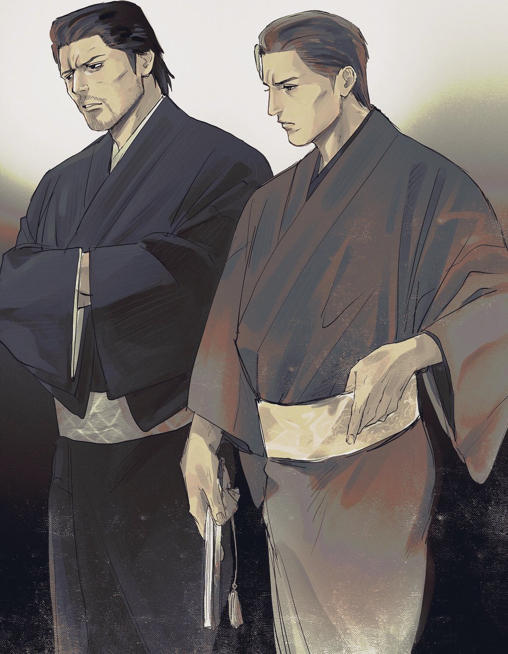 2boys, ahoge, alternate_costume, beard, cowboy_shot, dojima_daigo, facial_hair, folded_fan