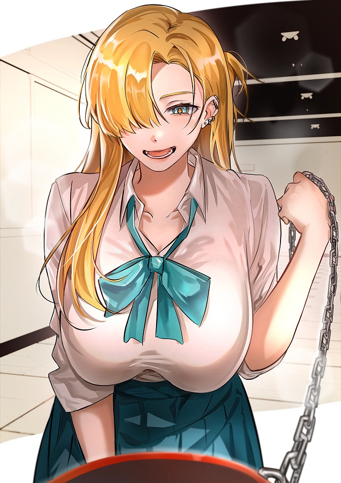 1girl, blonde_hair, blue_eyes, blue_skirt, breasts, degrees_of_lewdity, hair_over_one_eye, large_breasts