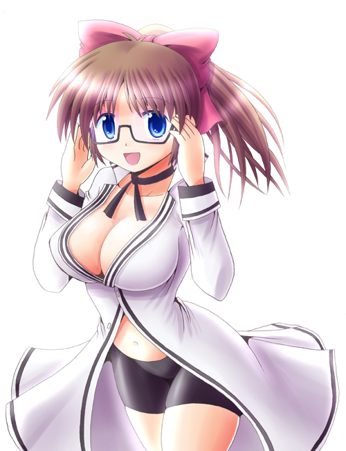 bike_shorts, blue_eyes, breasts, brown_hair, cleavage, dress, glasses, long_hair, minami_shinju, original, ponytail, shirt, solo