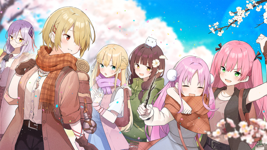 6+girls, :d, aikawa_megumi, animal_on_head, arm_up, asakura_karen_(heaven_burns_red), backpack, bag