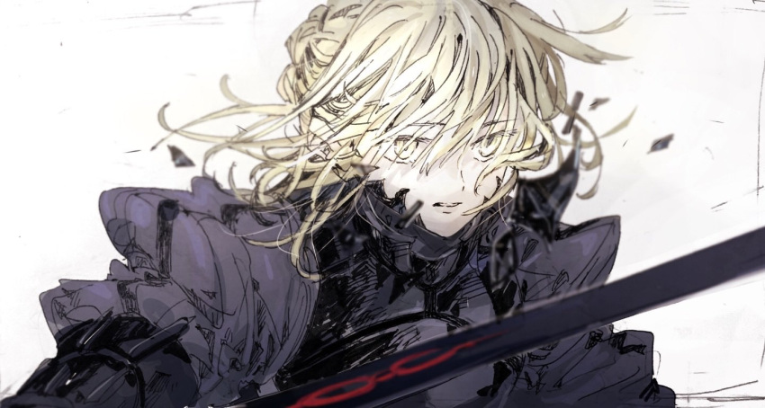 1girl, armor, artoria_pendragon_(fate), black_armor, blonde_hair, fate/stay_night, fate_(series), holding