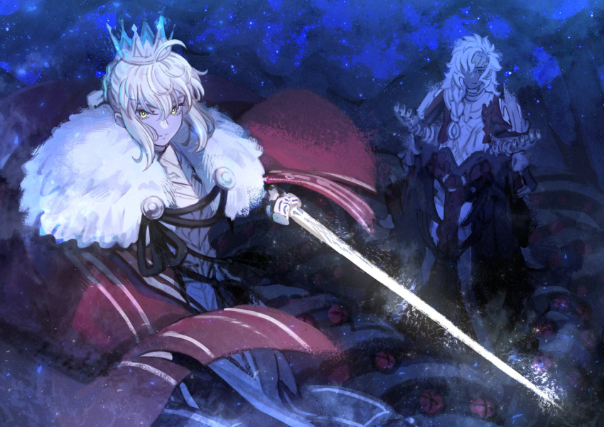 1boy, 1girl, ahoge, armor, blonde_hair, braid, breastplate, cape