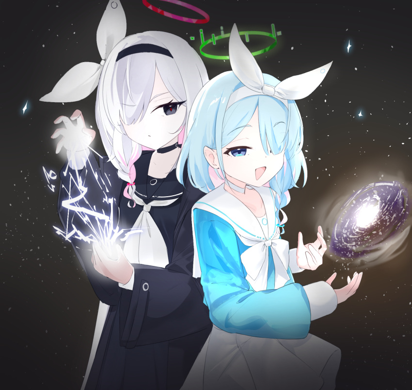 2girls, :d, arona_(blue_archive), black_choker, black_eyes, black_hairband, black_sailor_collar, black_serafuku, black_shirt, black_skirt, blue_archive, blue_eyes, blue_hair, blue_shirt, bow_hairband, braid, choker, commentary, electricity, english_commentary, from_side, galaxy, green_halo, hair_over_one_eye, hairband, halo, highres, long_hair, looking_at_viewer, meliach, meme, multiple_girls, neckerchief, nikola_tesla_and_albert_einstein_(meme), open_mouth, plana_(blue_archive), pleated_skirt, red_halo, sailor_collar, school_uniform, serafuku, shirt, side_braid, skirt, smile, star_(sky), starry_sky_background, white_choker, white_hair, white_hairband, white_neckerchief, white_sailor_collar, white_skirt